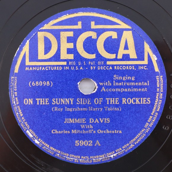 Jimmie Davis, On The Sunny Side Of Rockies/Sweethearts Or Stranger 78 rpm Record - Picture 1 of 7